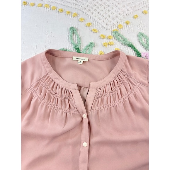 Max Studio Dusty Rose Pink Pleated Smocked V-Neck Blouse Top 7701A31 Small - Picture 6 of 9